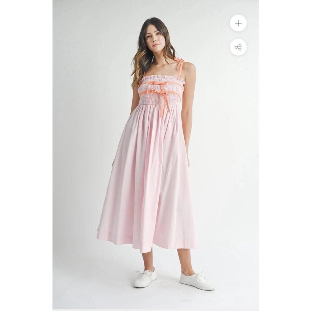 MABLE Lecia Smocked Midi Dress Pink Size Small Orange Tie Straps Smocked Summer - Picture 1 of 9